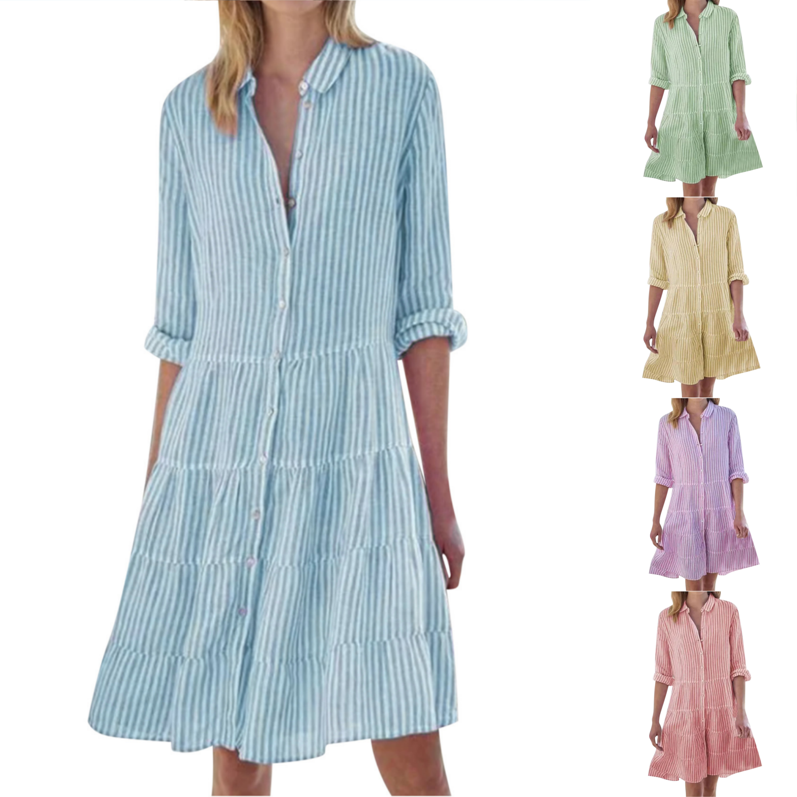VgaVtl Blue Women's Dresses Long Sleeve Shirt Dress Midi Dresses for Women Casual Lapel Striped Loose Dresses